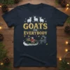 Goats For Everybody Christmas T-Shirt with Santa Claus, reindeer, and three goats in a festive design