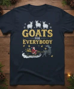 Goats For Everybody Christmas T-Shirt with Santa Claus, reindeer, and three goats in a festive design