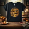 Gobble Gobble Gobble text with a cute turkey graphic on a black t-shirt, perfect for Thanksgiving celebrations
