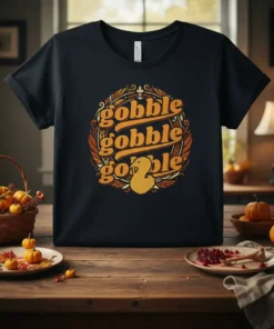 Gobble Gobble Gobble text with a cute turkey graphic on a black t-shirt, perfect for Thanksgiving celebrations