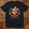 Cute cartoon turkey with a pink polka dot bow wearing a wreath and saying "gobble gobble gobble" on a black