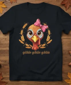 Cute cartoon turkey with a pink polka dot bow wearing a wreath and saying "gobble gobble gobble" on a black