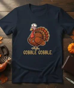 Gobble Gobble T-Shirt with a cartoon turkey wearing a nurse hat and stethoscope, text says GOBBLE GOBBLE
