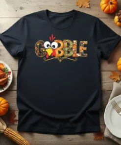 Gobble Thanksgiving Turkey Design Tee with a cute cartoon turkey face and decorative letters spelling "GOBBLE"
