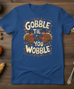 Gobble Til You Wobble Thanksgiving t-shirt with two cartoon turkeys wearing hats