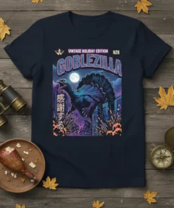 Goblezilla Vintage Holiday Edition T-Shirt featuring a retro monster design with Japanese text and city skyline