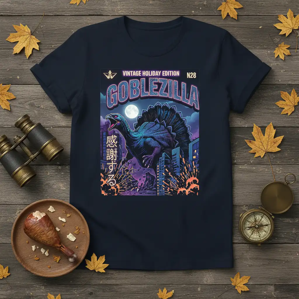 Goblezilla Vintage Holiday Edition T-Shirt with retro monster and Japanese text, perfect for holiday gifting
