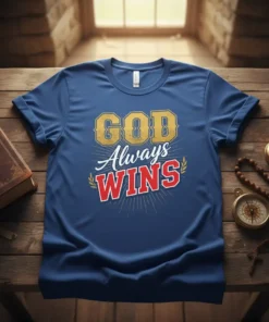 Blue t-shirt with "GOD Always WINS" text in gold and red, featuring sunburst graphic and laurel wreaths