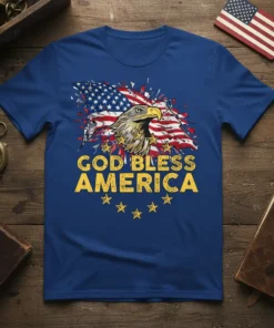 God Bless America patriotic t-shirt with eagle and US flag graphic, featuring yellow text and stars