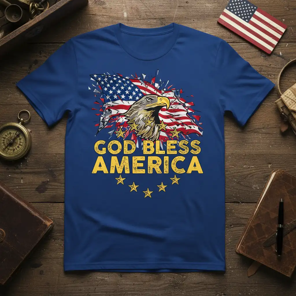 God Bless America patriotic t-shirt with eagle and distressed American flag, featuring bold yellow text