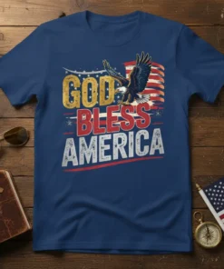 God Bless America text with an eagle and American flag graphic on a navy blue t-shirt