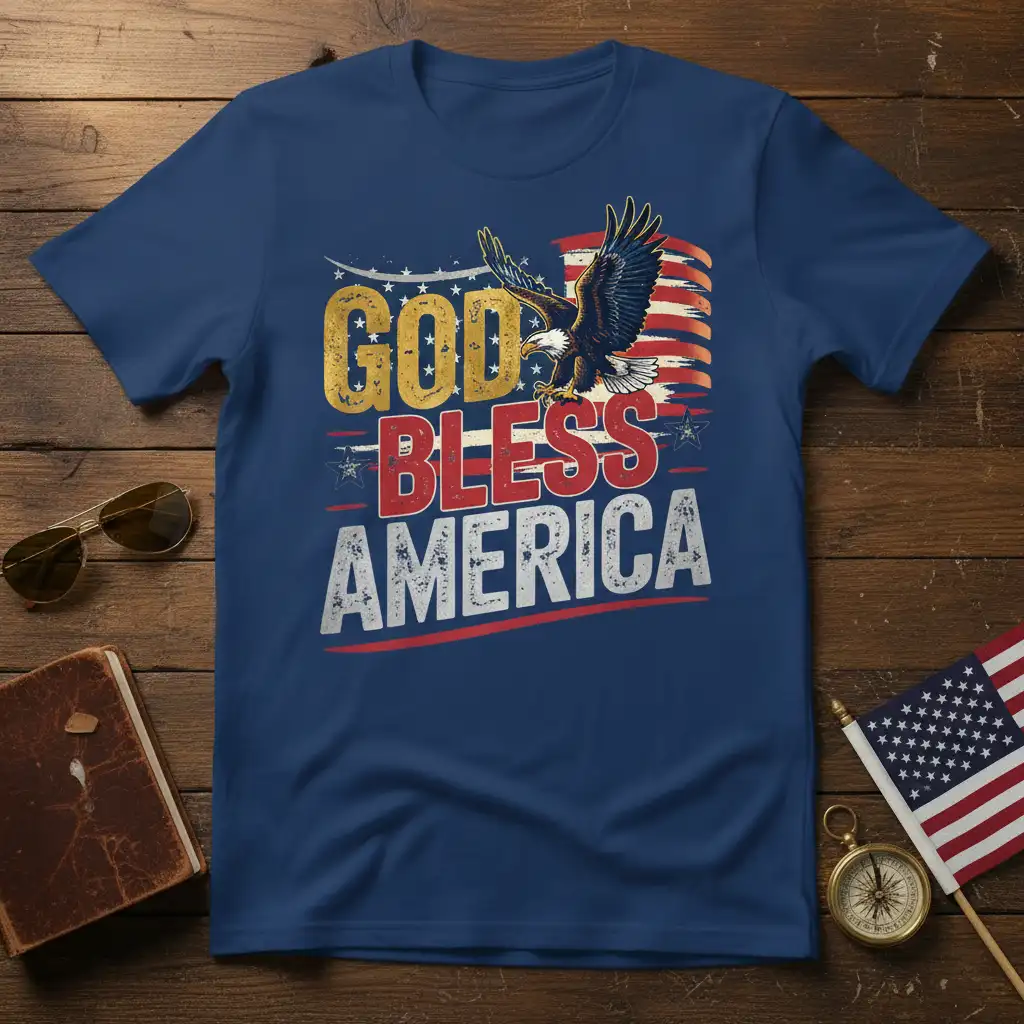 God Bless America text with eagle and American flag graphic on a navy blue t-shirt for patriotic pride