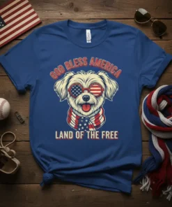 God Bless America Land of the Free dog t-shirt with patriotic sunglasses and scarf