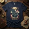 God Bless America t-shirt design with three howling wolves, American flag, and moon graphic