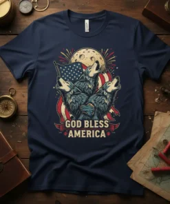 God Bless America t-shirt design with three howling wolves, American flag, and moon graphic