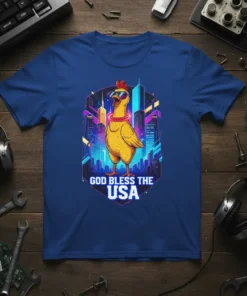 God Bless The USA text with a cool chicken graphic wearing sunglasses and a red collar, set against a neon