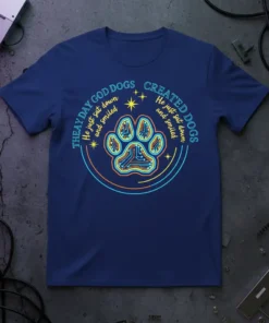 Navy blue t-shirt with a circular design featuring a circuit board-like paw print and the quote "Theay day God dogs