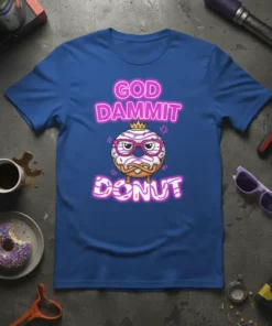 God Dammit Donut funny quote t-shirt with a grumpy cartoon donut wearing glasses and a crown
