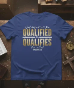 Christian t-shirt with the quote "God doesn't call the QUALIFIED HE QUALIFIES EPHESIANS 2:10" in gold and white text