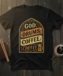Black t-shirt with GOD. DRUMS. COFFEE. COFFEE. text design in vintage style, featuring musical notes and a French press graphic