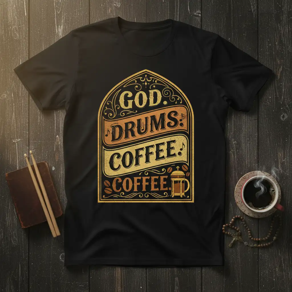GOD. DRUMS. COFFEE. COFFEE. vintage text design with musical notes and French press on a black t-shirt