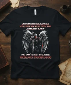 Black t-shirt with white and red text "God Gave His Archangels Weapons Because Even The Almighty Knew You Don't Fight