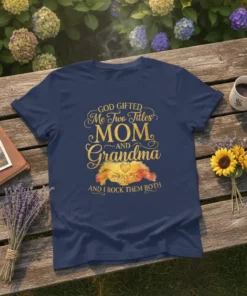 God Gifted Me Two Titles Mom Grandma AND I ROCK THEM BOTH text design with golden heart graphic on navy