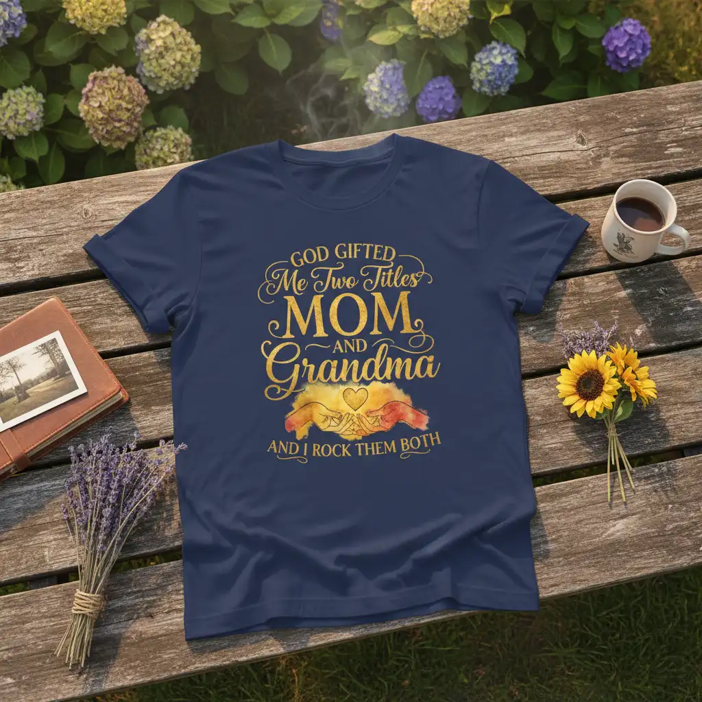 God Gifted Me Two Titles Mom Grandma AND I ROCK THEM BOTH quote with heart graphic on t-shirt