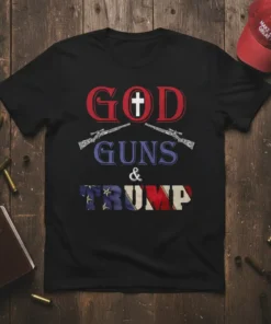 God Guns & Trump text design with a cross, two rifles, and American flag pattern on Trump text, black t-shirt