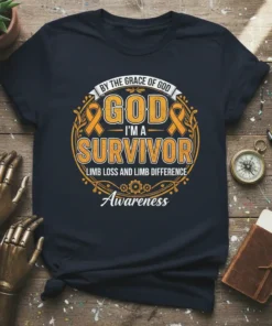 Dark navy t-shirt with "By the Grace of God God I'm A Survivor Limb Loss and Limb Difference Awareness" text