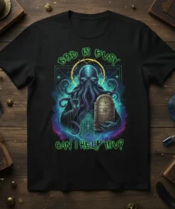 God Is Busy Can I Help You? Cthulhu T-Shirt with a cosmic background and tombstone graphic