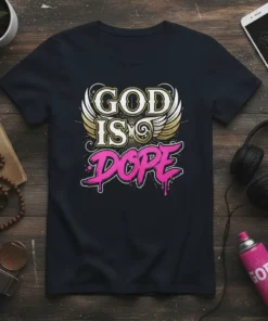 Black t-shirt with bold white and gold text reading "GOD IS DOPE" and stylized wings graphic