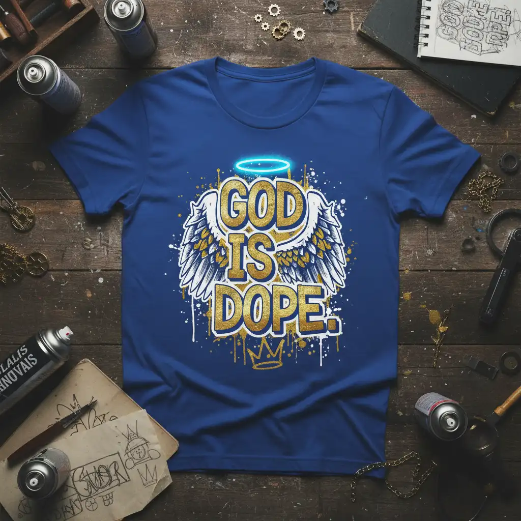 God Is Dope. text with golden wings and halo graphic on blue t-shirt