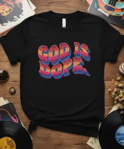 God Is Dope. text in retro wavy font with vibrant pink, orange, and blue colors on a black t-shirt