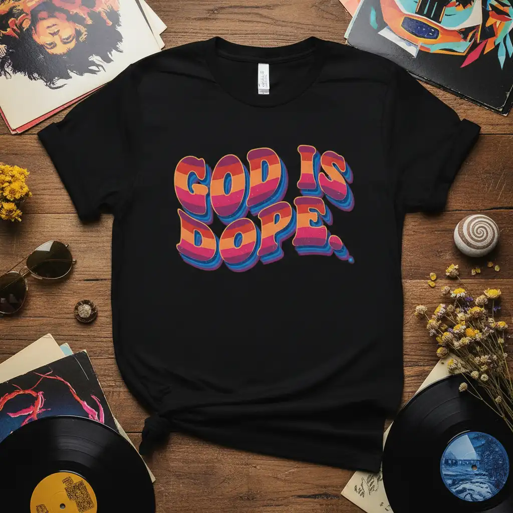 God Is Dope. retro wavy text graphic with vibrant pink, orange, and blue colors on a black t-shirt