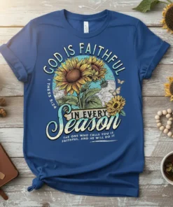 Blue t-shirt with "God Is Faithful In Every Season" text and a sunflower graphic, including 1 Thess 5:24 scripture