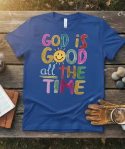 God is GOOD all THE TIME quote t-shirt with colorful lettering and a smiling sun graphic