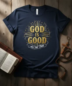 God Is Good All The Time quote on navy t-shirt with gold and white lettering and starburst graphic