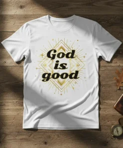 White t-shirt with "God is good" text in bold black font, surrounded by a golden geometric starburst design