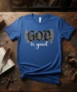 GOD is good quote in gothic and script fonts with gold floral accents on a blue t-shirt