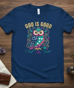 GOD IS GOOD Owl The Time Christian T-Shirt with a colorful owl graphic and gold text