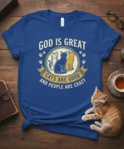 God Is Great Cats Are Good And People Are Crazy text design with three cats in a circle, paw prints