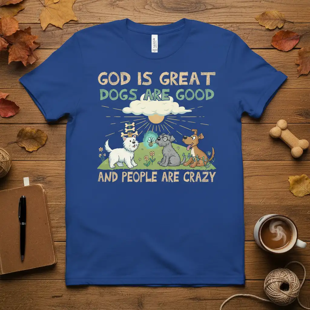 God Is Great Dogs Are Good And People Are Crazy text with three cartoon dogs graphic on t-shirt
