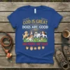 God Is Great Dogs Are Good And People Are Crazy text with cartoon dogs and human faces design on a