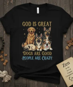 God Is Great Dogs Are Good People Are Crazy t-shirt design with golden retriever, German shepherd, pug, and bulldog graphics