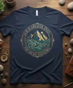 God Is Greater Than The Highs And Lows t-shirt with mountain and wave graphic, featuring gold and teal colors