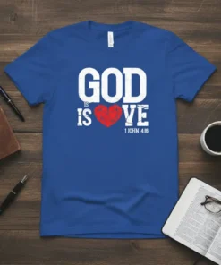 GOD IS LOVE 1 JOHN 4:16 bold graphic design printed on comfortable cotton t-shirt