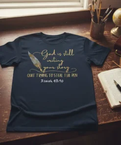 Dark navy t-shirt with gold script text "God is still writing your story QUIT TRYING TO STEAL THE PEN Isaiah
