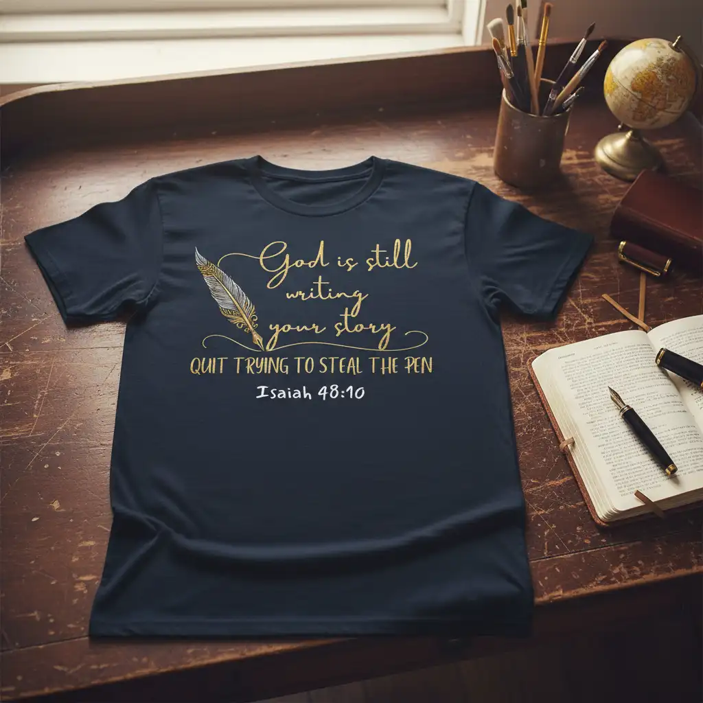 Inspirational God is still writing your story quote tee with Isaiah 48:10 and feather graphic