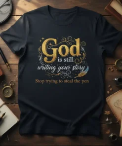 T-shirt with gold and white text "God is still writing your story. Stop trying to steal the pen" on a